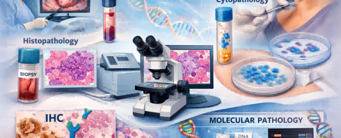 Pathology diagnosis illustration showing histopathology and cytopathology workflows, including biopsy, fine needle aspiration, immunohistochemistry (IHC), molecular pathology, DNA and PCR analysis for cancer diagnosis