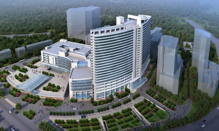 Jiangsu Province Hospital (The First Affiliated Hospital of Nanjing Medical University) exterior panoramic view. As a Class-A Grade-3 comprehensive hospital founded in 1936 in Nanjing, the hospital has collaborated with KFBIO to advance its digital pathology and telepathology capabilities.